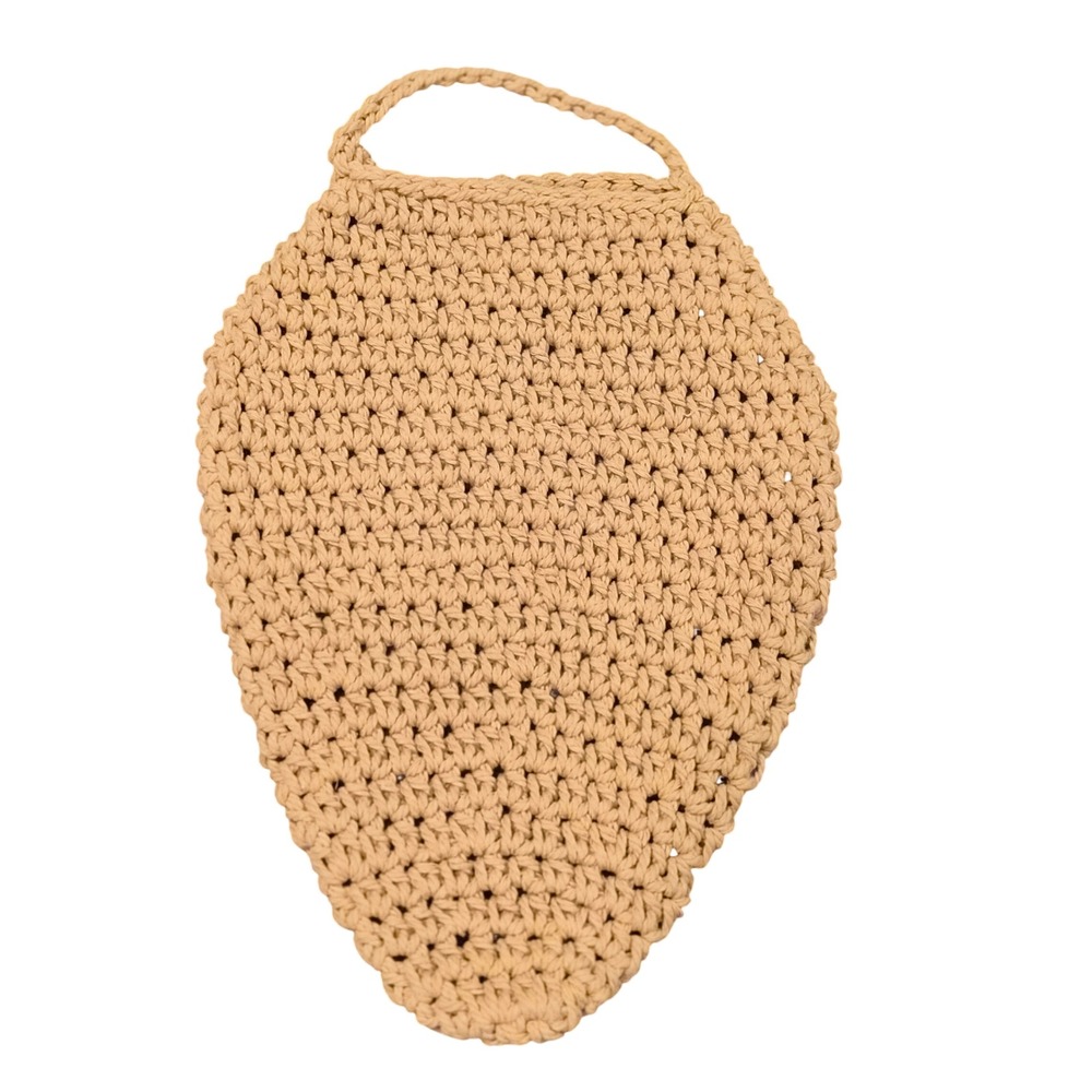 Handmade Crochet Teardrop Wall Hanging Basket Tan Boho Kitchen Storage Small